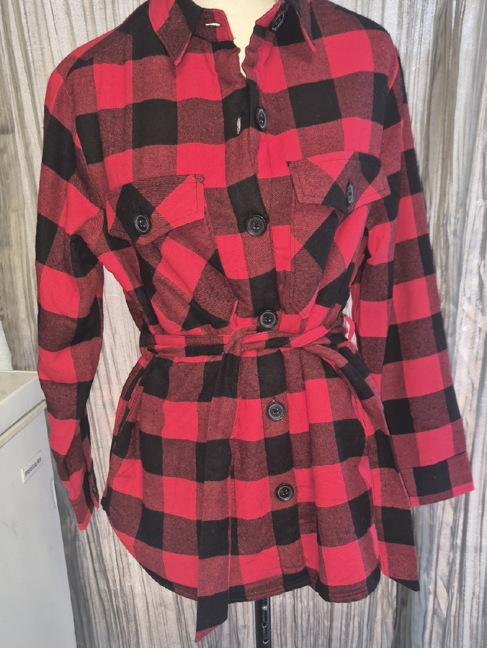Red & Black Buffalo Plaid Belted Shirt Jacket - Women's